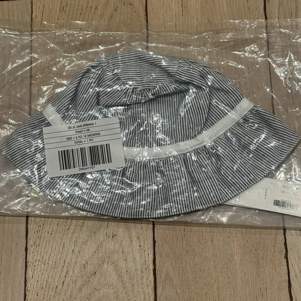 NEW Jack & Janie Bucket Hat Kids 6-12 Months Blue Striped Linen Blend‎ w/Bow